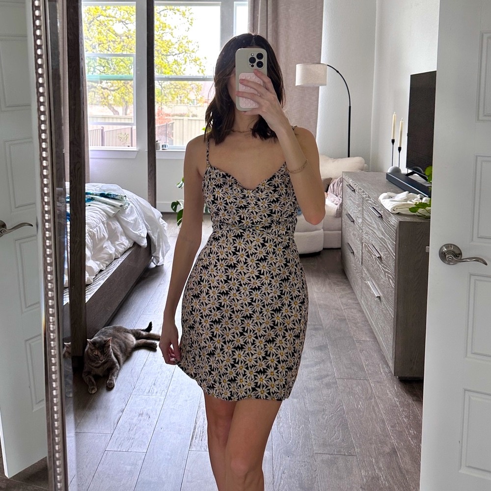 Floral Sunflower Print Relaxed Neckline Spaghetti Strap Mini Sun Dress